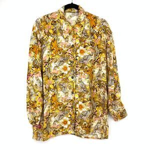 Vintage 90s Psychedelic Animal Print Blouse Button Front Silk Shirt Womens Sz L